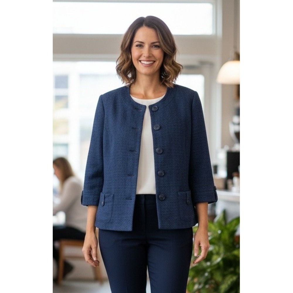 Appleseed Tweed Blazer Jacket Women's 16 Button Front Pockets 3/4 Sleeve Navy